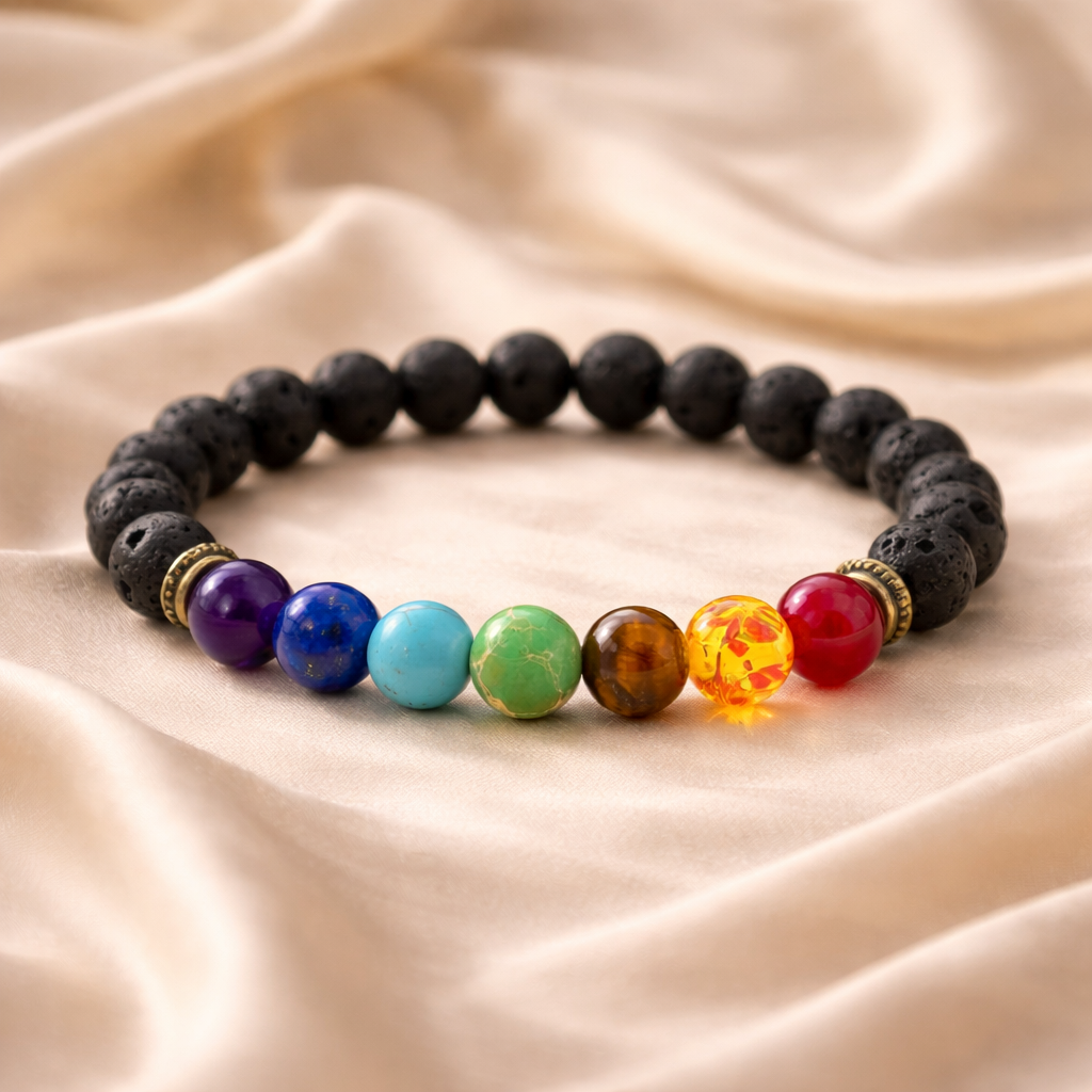 Lava Stone & 7 Chakra Healing Bracelet for Balance & Energy